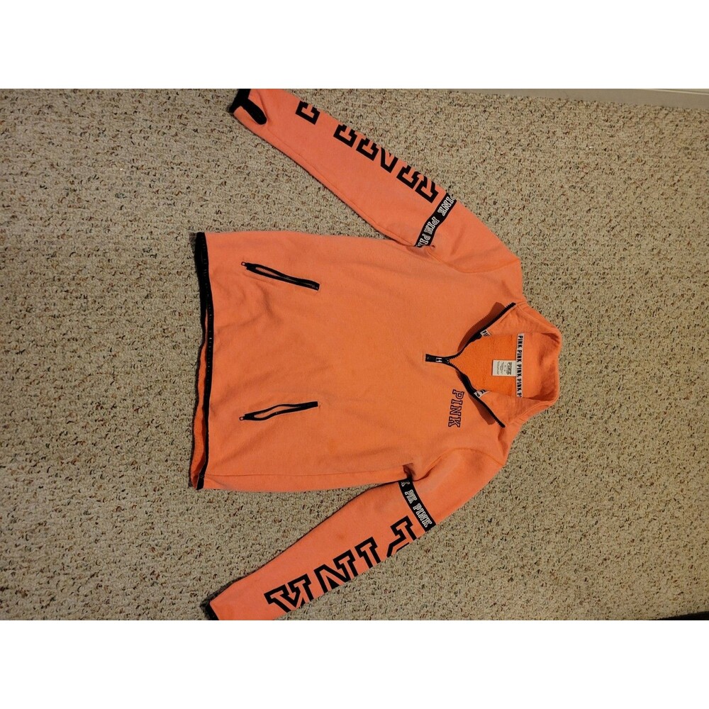 PINK Orange Fleece 1/4 Zip Pullover Sweater Logo Long Sleeve Size M